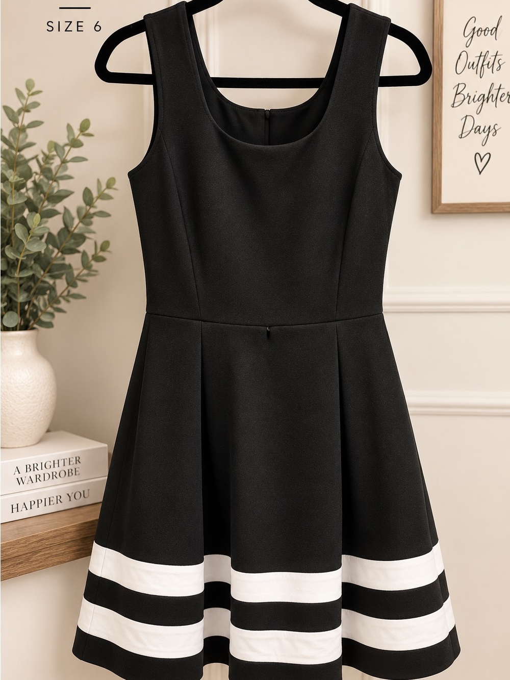 Women’s Black Sleeveless Fit & Flare Dress with White Stripe Hem
